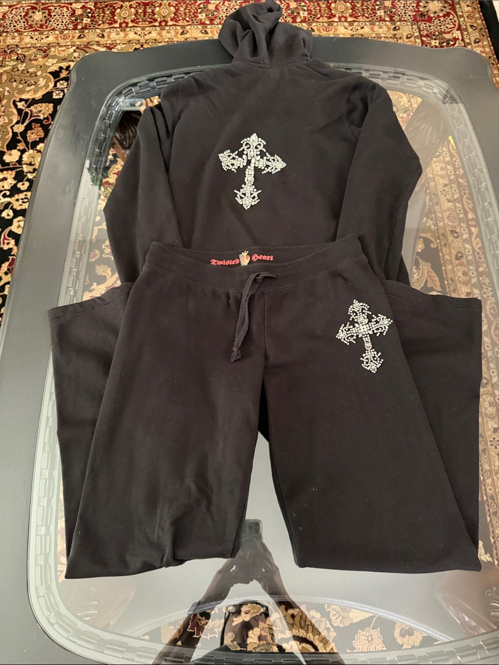 Vintage Twisted Heart Rhinestone Cross Hoodie and Pant set - Picture 5 of 8
